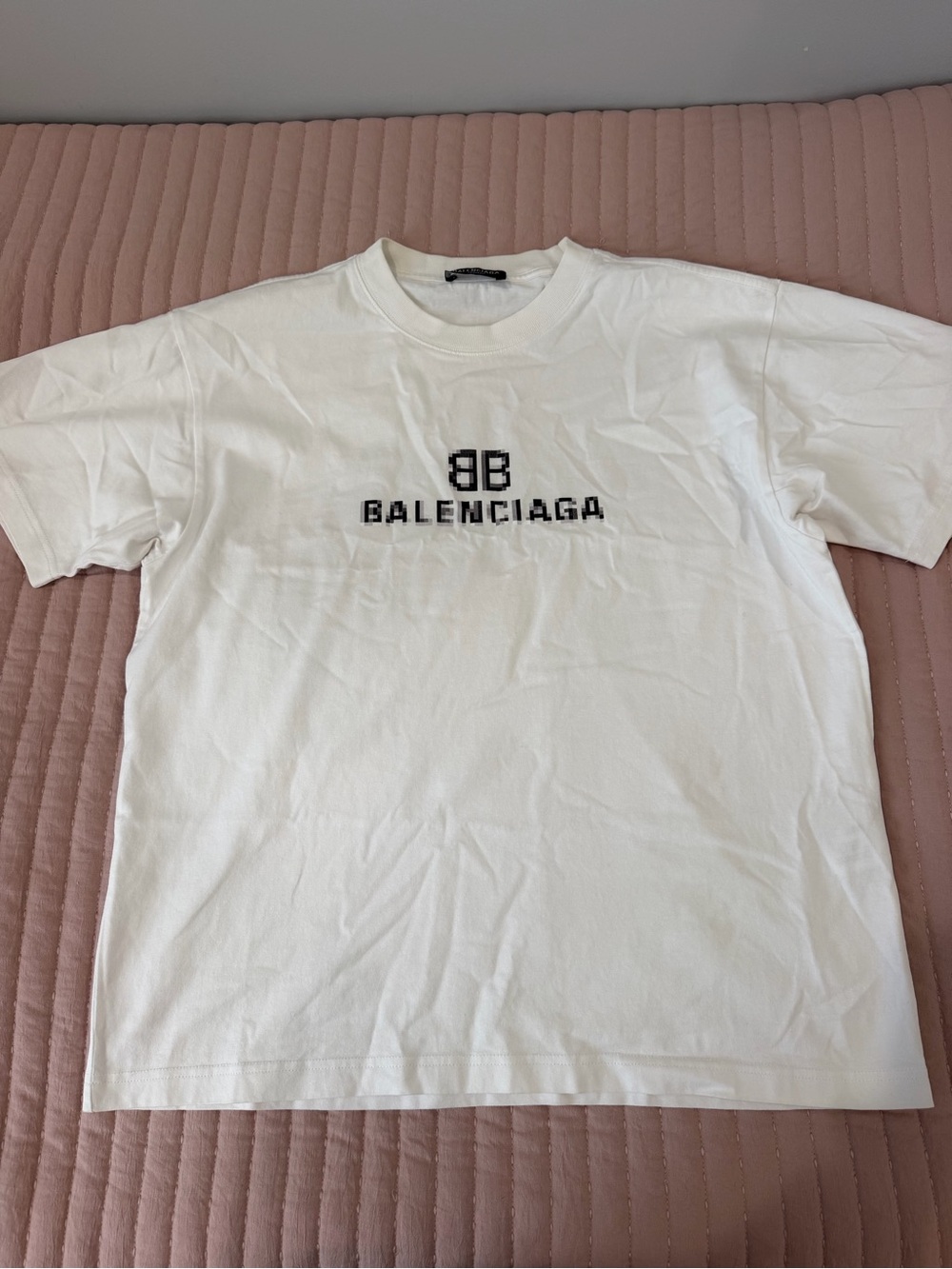 Balenciaga White Short-Sleeve Logo Tee with Pixelated Logo